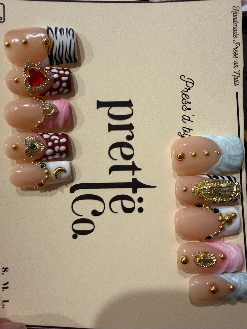 Handmade acrylic Press-On Nail Set — Pink, White, Beige, Red, Gray Accents